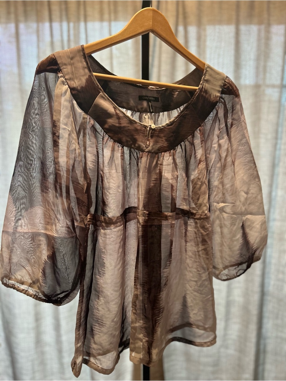 Daisy Fuentes Sheer Brown Puff Sleeve Blouse